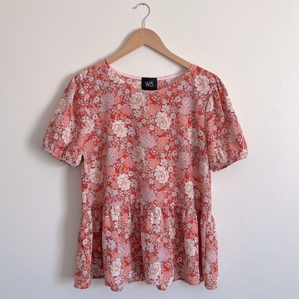 W5 Spring Floral Balloon Sleeve Babydoll Top